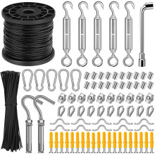 CGBOOM Wire Rope Kit 2mm, 61m Black Vinyl-Coated Garden Wire for Climbing Plants,Picture,Curtain and String Light Hanging Kit, Cable with Turnbuckles