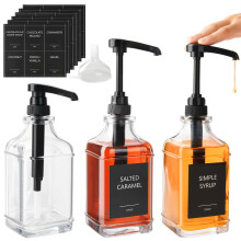 YBCPACK 3Pack 16.9 oz/ 500 ml Coffee Syrup Dispenser, Large Glass Syrup Bottles with Pump for Coffee Bar/Kitchen, Square Coffee Syrup Pump Dispenser