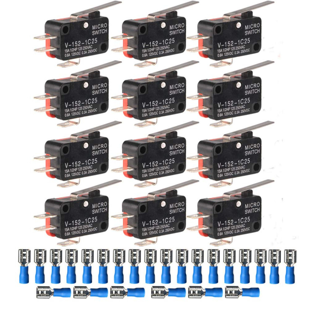 Gebildet 12Pcs V-152-1C25 125V/250V 15A Miniature Micro Limit Switch Momentary Spdt Snap Action Hinge Lever Type+24Pcs Terminals 69759062