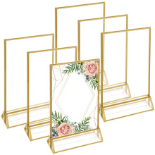 MEIDIV 6Pack A5 Acrylic Sign Holder, Double Sided Table Menu Holders, A5 Display Stand, Gold Frames Sign Holder for Picture Photos,Wedding Table Numb