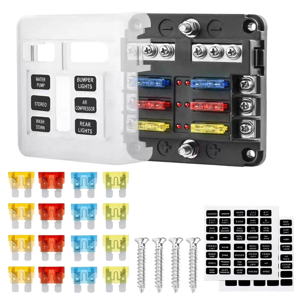 6 Way Fuse Box, 12V-32V Blade Fuse Block Holder With 16 Pcs Fuses Led Indicator Negative Bus Blade, Fuses Holder For Car Rv Boat Truck Vehicle Suv Ya 36542185