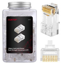 XUNTOP 100-Pack RJ45 Connectors for Cat6 Cat5 Cat5e Gold-Plated RJ45 Pass Through Connector Cat6 Connector for Solid/Stranded 23-24AWG UTP Ethernet C