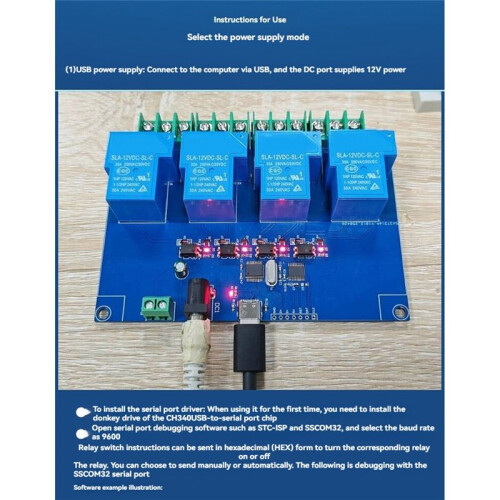 4CH USB Relay Module 12V 30A USB-C Relay Module Onboard CH340T Chip USB Computer Serial Port Intelligent Control 2