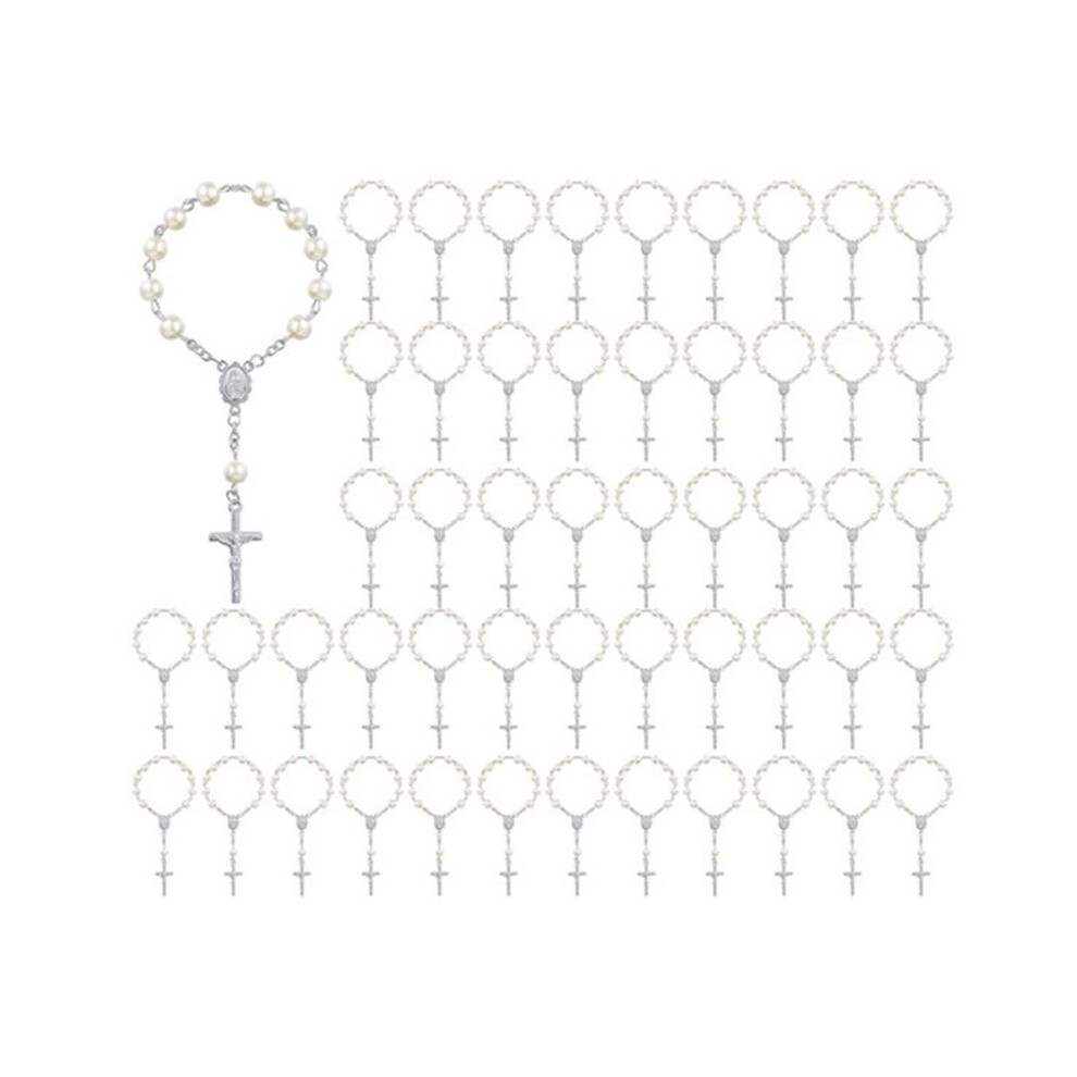50PCS  Rosaries Baptism Acrylic Rosary Beads Faux Pearls with Organza Bags for Christening Weddings Party Favors