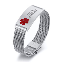 TYPE 2 DIABETES Bracelet - Medical Alert SOS Emergency Name ID Tag Identification Mesh Band Adjustable Wristbands for Unisex, Silver
