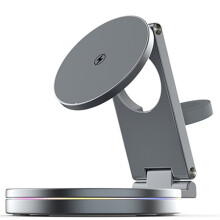 Wireless Charger Fast Charging 360 Rotating Aluminum Alloy Magnetic 30W 3 in 1 for Phone Earbuds & Smartwatch Grey