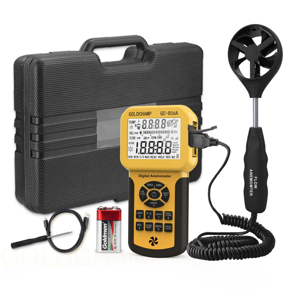 Goldchamp Cfm Anemometer Handheld, Hvac Air Flow Meter 0.3-45M/S Professional Gc-856A Digital Wind Gauges, With Usb Interface Connect To Computer, Temp Test, D