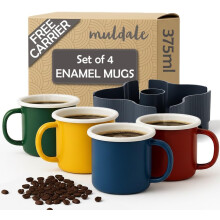 Muldale 4 Large Enamel Mugs 375ml with Mug Carrier for Camping - Caravan Motorhome Cup Holder Caddy - Recyclable - Heat Safe Drinks Holder