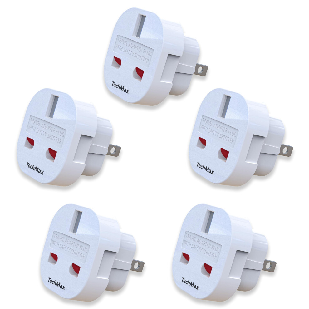 Techmax Pack Of 5 Uk To Us Plug Adaptor Type G To Type A And B Uk To Usa, Canada, Japan, Thailand, Mexico, Jamaica, Dominican Republic, Barbados, Chi 5002812218418