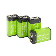 Amazon Basics 4-Pack, Rechargeable 9V NiMH Batteries, 200mAh, Recharge up to 1000x Times , Pre-Charged