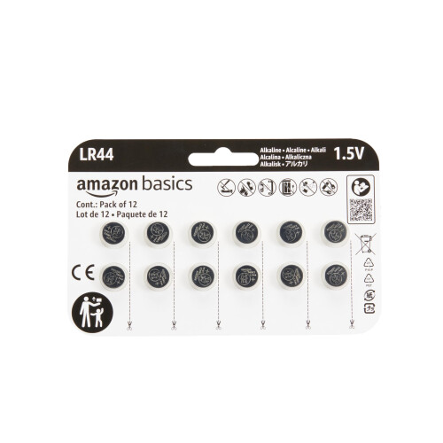 Amazon Amazon Basics 12-Pack LR44 Alkaline Button Cell Battery, 1.5 Volt, Long Lasting Power, Mercury-Free