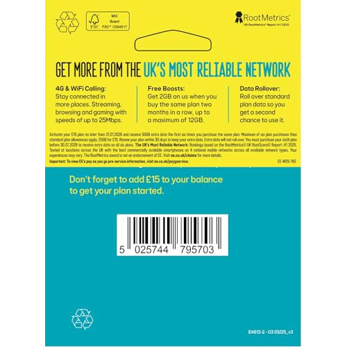 EE EE 75GB Data Sim includes 15 pre-paid credit, 75GB Data, Unlimited Minutes & Unlimited Texts 1