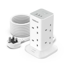 TESSAN Tower Extension Lead 5M with USB C Slots, 5 Metre Extension Cable 8 Way Multi Plug Socket, Surge Protected Power Strip with Switch for Home, Of