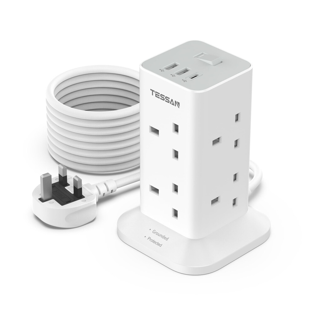 Photos - Electrical Wire & Cable Tessan Tower Extension Lead 5M with USB C Slots, 5 Metre Extension Cable 8 Way Multi Plug Socket, Surge Protected Power Stri