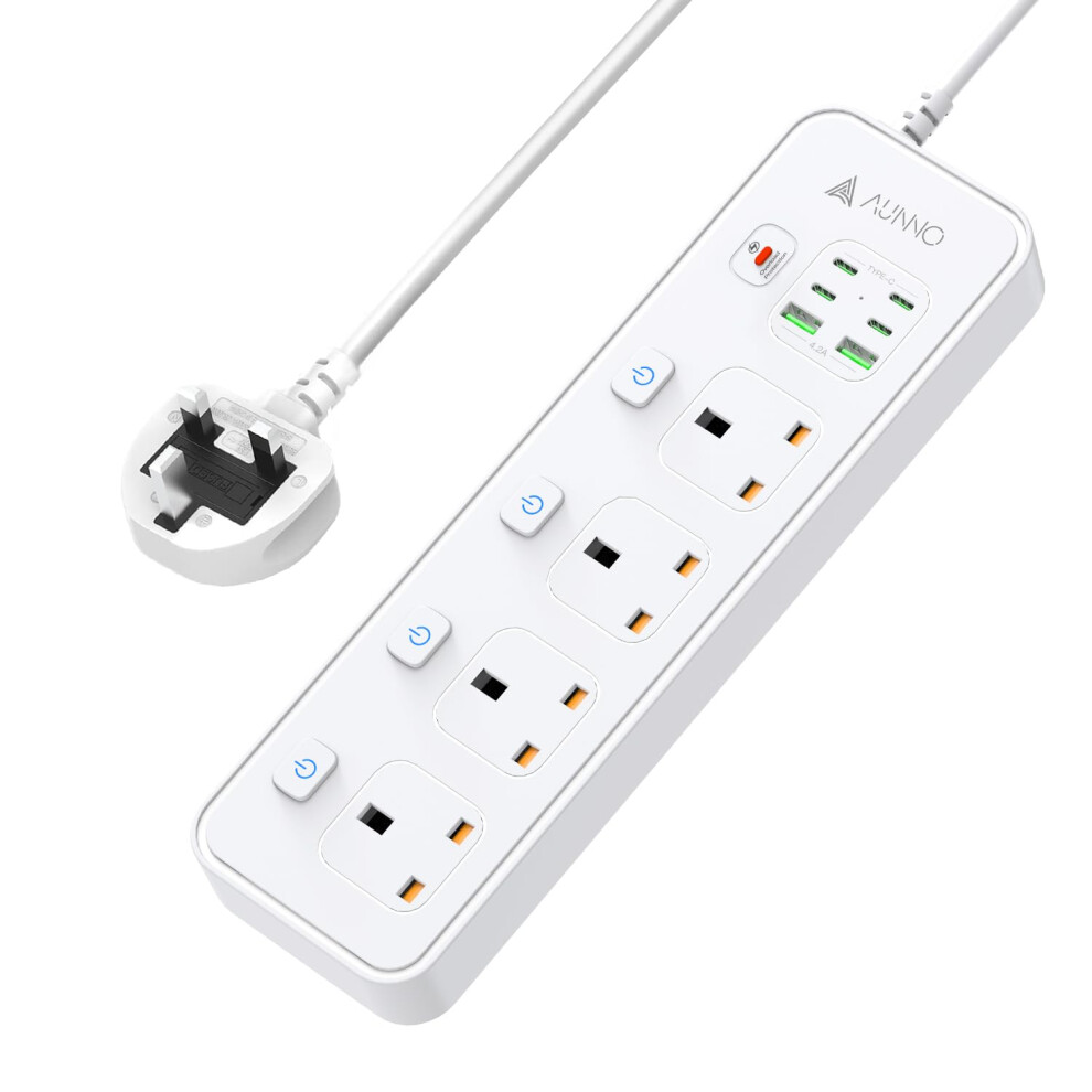 Photos - Other for Computer AUNNO Extension Lead with USB Slots, 4 Way Sockets Outlets with 4 USB-C Ports and 2 USB Ports, 1.8M Extension Cable with Swi