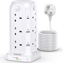 KLINTOS Tower Extension Lead 5M, 12 Way, 6 USB, Surge Protected, White