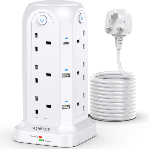 KLINTOS Tower Extension Lead 5M, 12 Way, 6 USB, Surge Protected, White