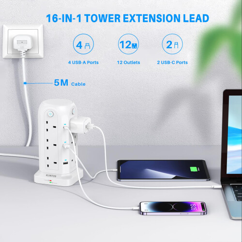 KLINTOS Tower Extension Lead 5M, 12 Way, 6 USB, Surge Protected, White 1