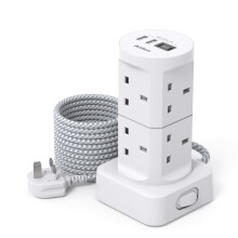 Tower Extension Lead with USB Slots, (13A 3250W), 8 Way Multi Plug Extension Tower & 4 USB Ports (2 Type C & 2 USB A Ports), 1.8M Extension Cable, Ex