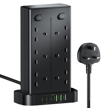 Tower Extension Lead with USB C Slots, 12 Way Multi Plug Socket Extension with 6 USB Ports, Overload Protected Extension Lead with 4 Switch Tower Ext