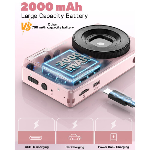 4K Digital Camera with Front Rear Lens, Autofocus 64MP, Metal Shell, Pink 2
