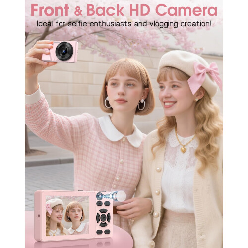 4K Digital Camera with Front Rear Lens, Autofocus 64MP, Metal Shell, Pink 1