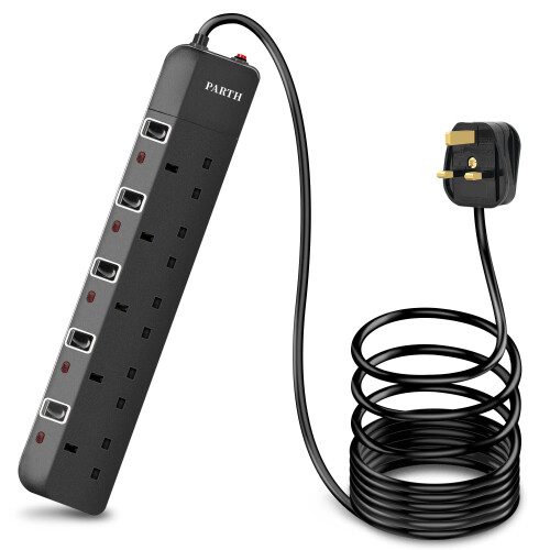 PARTH 5 Socket Extension Lead, 10 Metre Cable Surge Protected (Black)