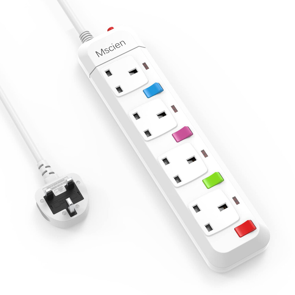 Mscien Extension Lead With Switches, 4 Way Plug Sockets With Overload Protection Surge Protection 1.8M Extension Cable Wall Mountable Power Strip 50966981