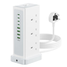 Tower Extension lead with USB Slots,6 Way (13A/3250W) Plug Extension Socket with 4 USB C & 4 USB A, Overload Protection Power Strip with Switch 1.8M