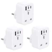 [3 Pack] UK to European Plug Adapter with 3 USB Ports(2 USB C), EU Schuko Travel Adaptor for Germany France Spain Turkey Russia Iceland Greece Poland