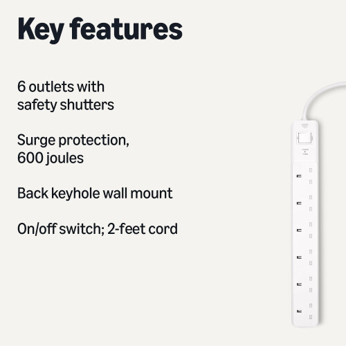 Amazon Basics Surge Protector Power Strip, 6-Outlet, 600 Joule, 0.61-m Cable, White 1