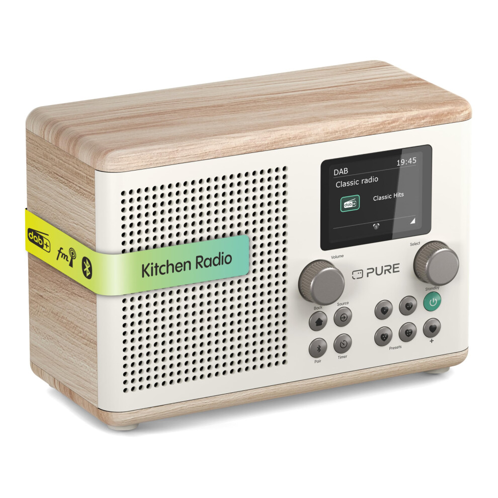 Pure Classic H4 Digital Kitchen Radio (Dab+/Fm, Bluetooth, Usb, Aux, Kitchen Timer, Alarm), Cotton /Oak White