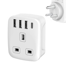 UK to India Plug Adapters, India Power Converter with 4 USB (1 USB C) Grounded Universal Travel Adapter 3 pin for India,Sri Lanka,Pakistan,Burma,Yeme