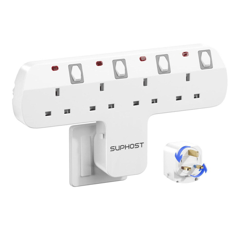 Suphost Plug Extension Socket, 4 Way Plug Adapter With 180 Degree Rotating Uk Plug, 13A Fused Multi Plug Adaptor With 4 Independent Switches, Wall So 5001248842068
