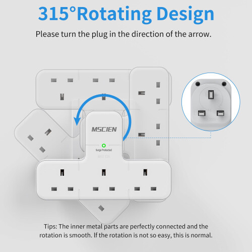 Multi Plug Adapter, Mscien 3 Way UK Plug Extension Socket with 315 Degree Rotation, Wall Power Strip Surge Protector Extender without Cable Plug Adap 1
