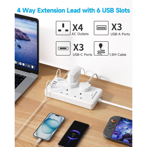 Extension Lead with 6 USB Slots (3 USB C), 4 Way Surge Protected, 1.5M 1