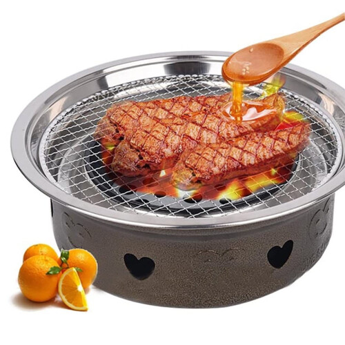Στρογγυλό Ανοξείδωτο Ατσάλι BBQ Grill με Διχτυωτό Αντικολλητικό Ταψί Μπάρμπεκιου 33cm 2