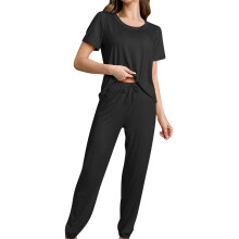 Bequemes Damen-Schlafanzug-Set: Kurzarm-Top mit Rundhalsausschnitt und Hose mit Kordelzug | Größen S-XL | Nylon-Spandex-Leggings