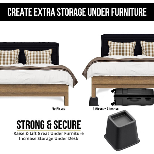 3" Bed Furniture Risers, Heavy Duty Stackable Elevators for Beds, Sofas & Desks, Square ABS Plastic, 6-Pack, Black 1