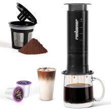 Cafetière à piston 2 en 1 compatible avec les dosettes K-Cup, portable pour café moulu, 280 ml, noire, idéale pour le camping et les voyages.