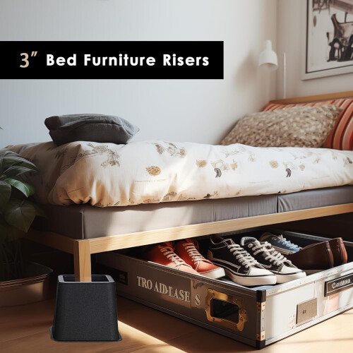 3" Bed Furniture Risers, Heavy Duty Stackable Elevators for Beds, Sofas & Desks, Square ABS Plastic, 6-Pack, Black 2