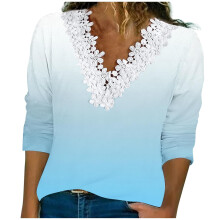 Top corto de manga larga azul claro para mujer, corte holgado, cuello en V con encaje, top de poliéster con degradado de manga larga para mujer,
