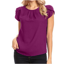 Blusa de gasa informal de manga corta con cuello redondo y pliegues, cuello redondo y espalda abierta para mujer.