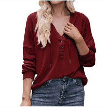 Blusas de manga larga de poliéster para mujer con cuello en V, blusas elegantes de color liso para mujer, blusas casuales de manga larga.