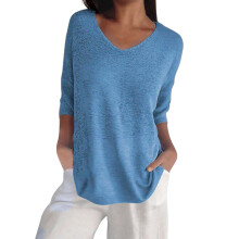 Blusas casuales azules para mujer, camisas de algodón de manga tres cuartos, blusas de punto holgadas con cuello en V – Compatibles con el
