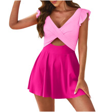 Badeanzug für Damen, Rüschen-Badekleid mit Cut-outs, V-Ausschnitt, Wickel-Bademode