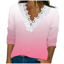 Top corto rosa de manga larga para mujer, corte holgado, cuello en V con encaje, top de poliéster con degradado de manga larga para mujer, talla XL
