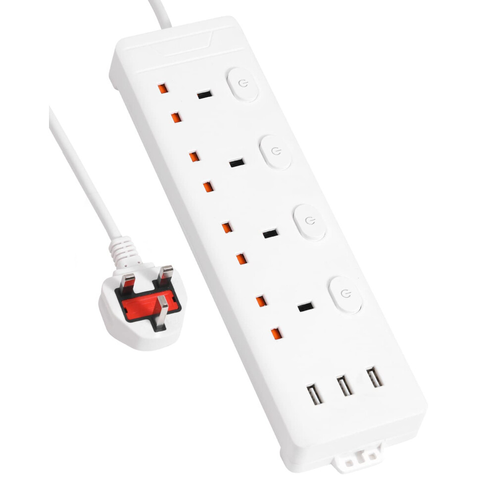 Pixezo Extension Lead With Usb Slots | Surge Protected With 4 Ac Outlets And 3 Usb Ports (2.4A/12W) | Wall Mountable 3M Long 5005240749240