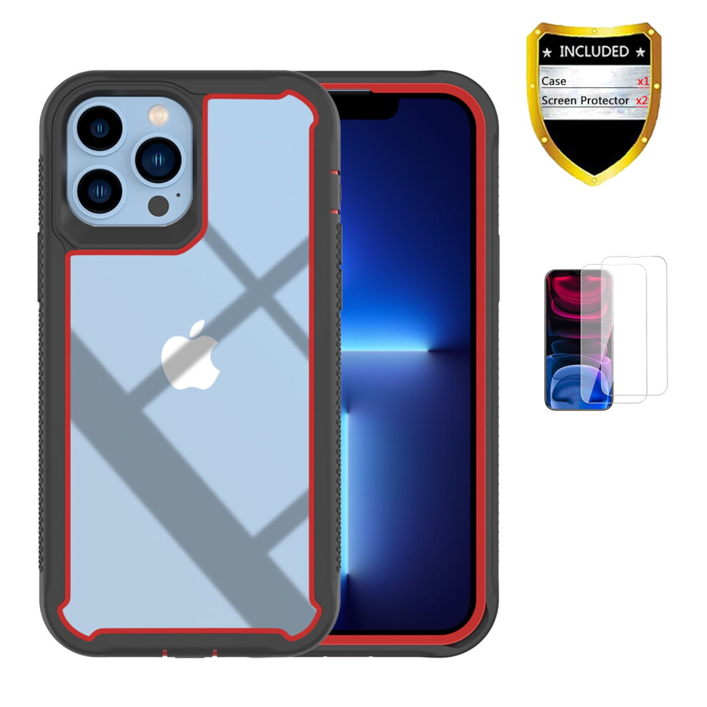 Xihaiying Iphone 13 Pro Case + Screen Protector Â Non-Yellowing, Anti-Scratch, Slim Clear Pc Cover, 2-In-1 (+Red) Black/Red 9558633779097