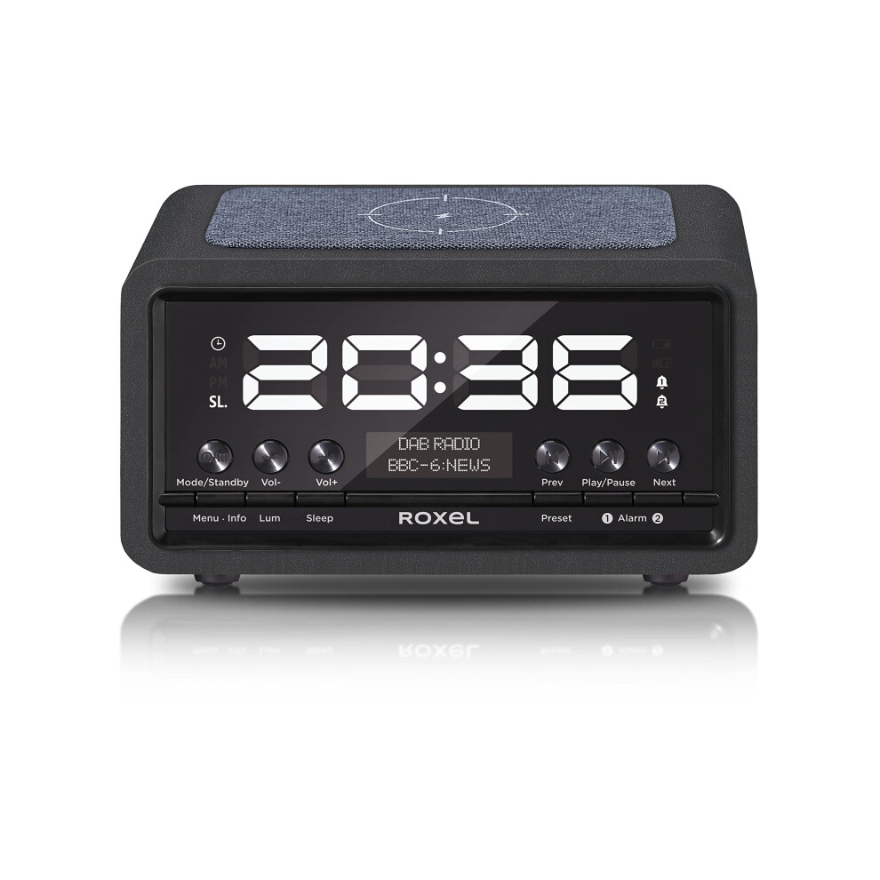 Roxel Nod Bedside Radio, Dab/Dab+ & Fm Radio, Alarm Clock, Wireless Phone Charging, Large Digit Display, Dual Bedside Alarm Clock With Wireless Strea Silver